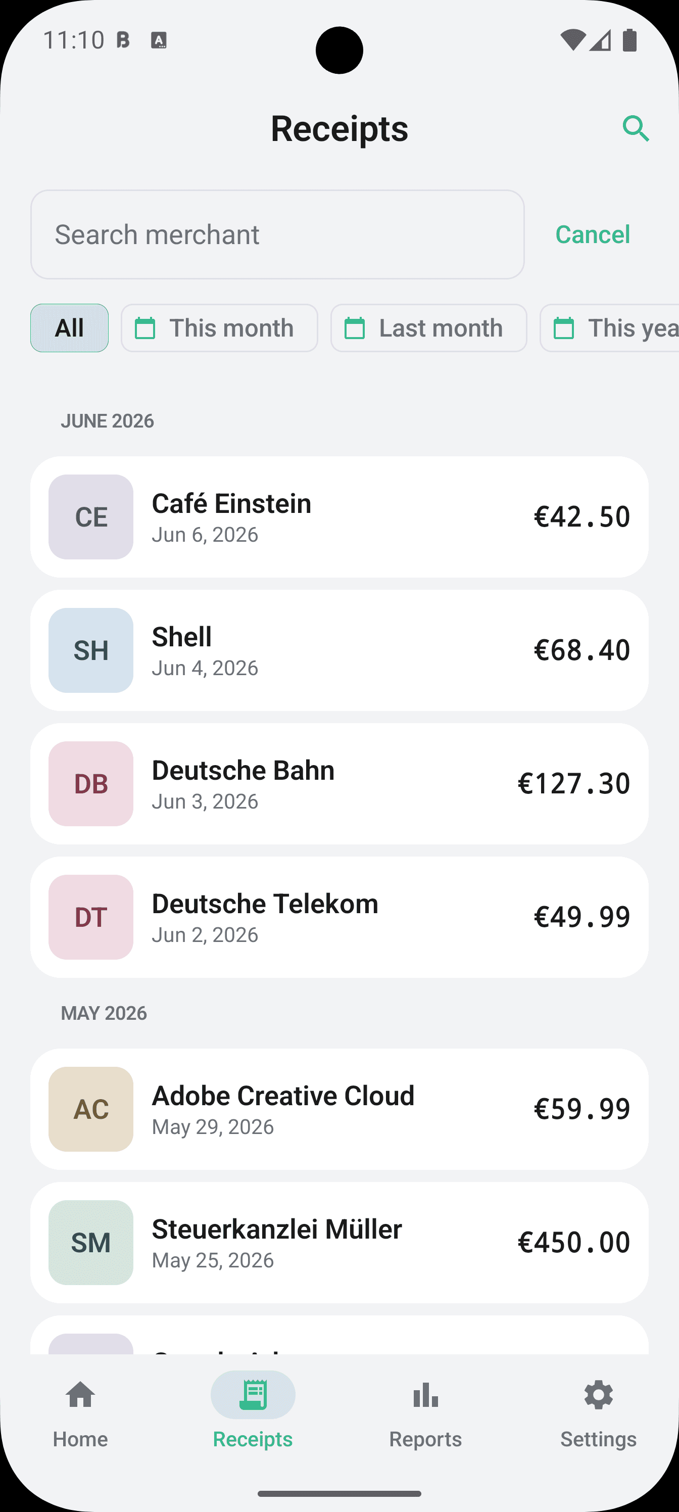 Bonro on Android, receipts list with merchant search and month grouping