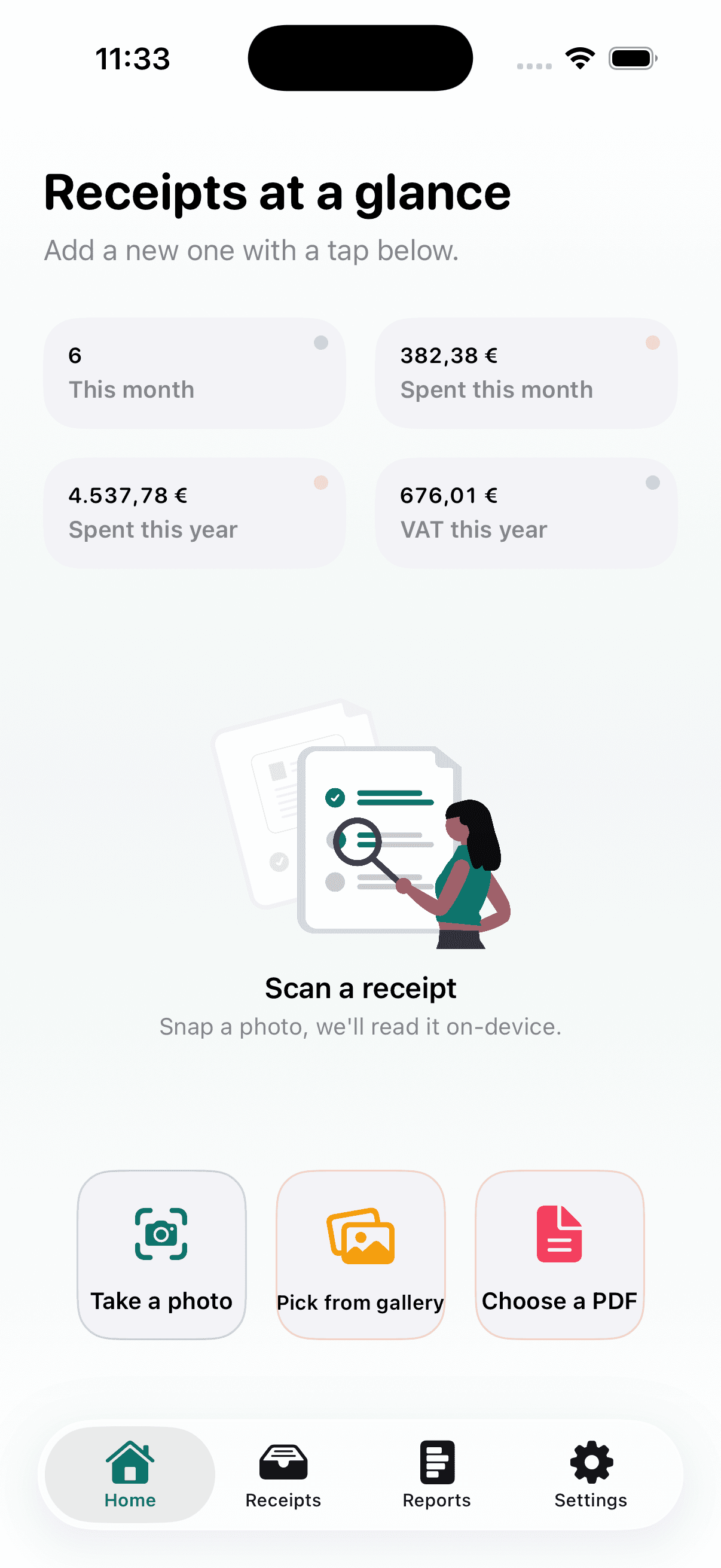 Bonro home dashboard with monthly and yearly receipt totals