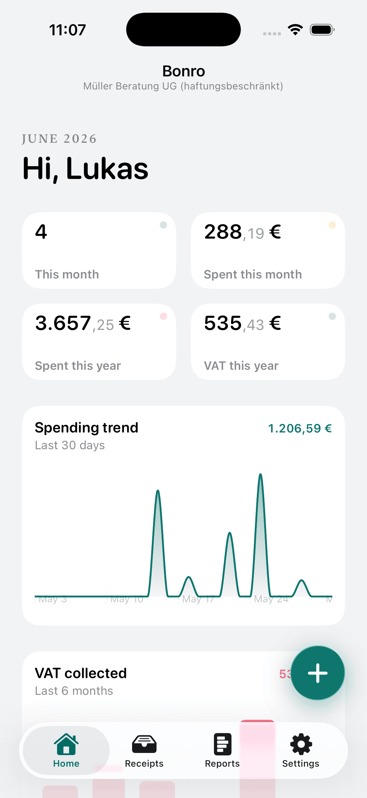 Bonro on iPhone, home dashboard with month and year totals, VAT and a 30-day spending trend