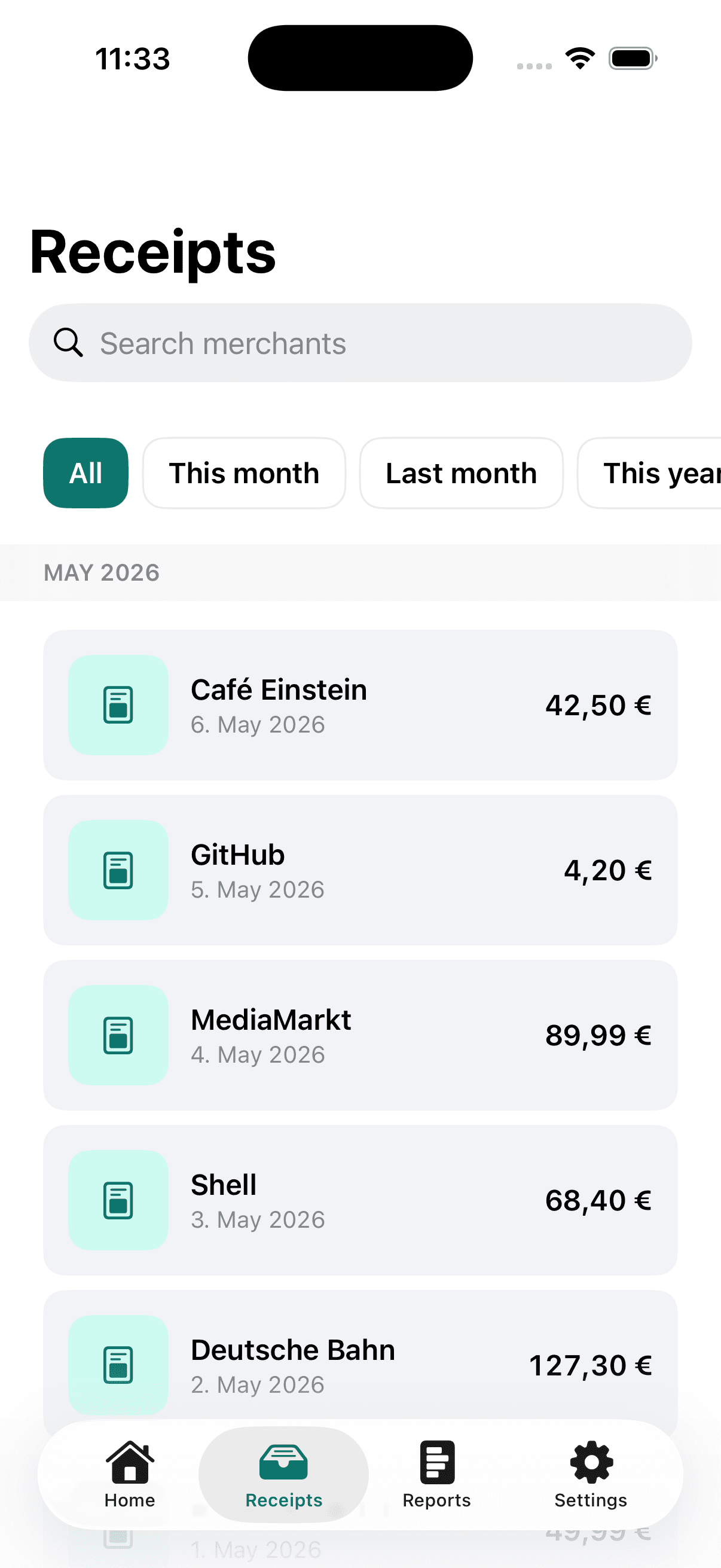 Bonro receipts list with month grouping and search