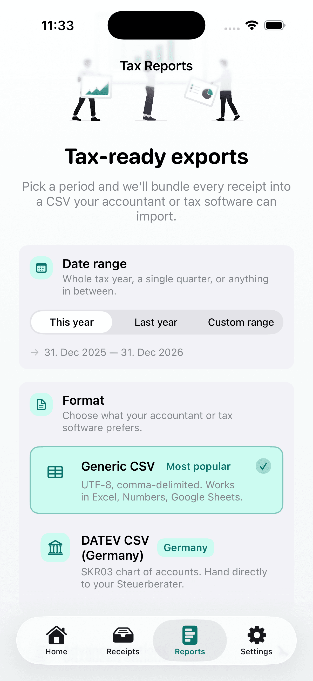 Bonro tax-ready exports — date range and CSV format picker